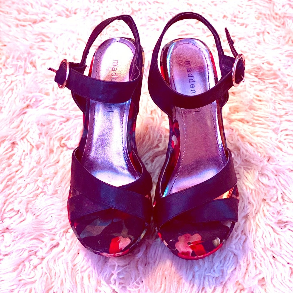 Black Steven Madden Floral Wedges